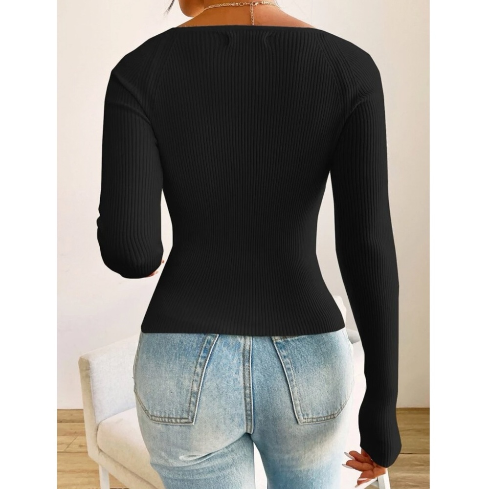 Black Rib Knit Long Sleeve Top - Picture 5 of 10